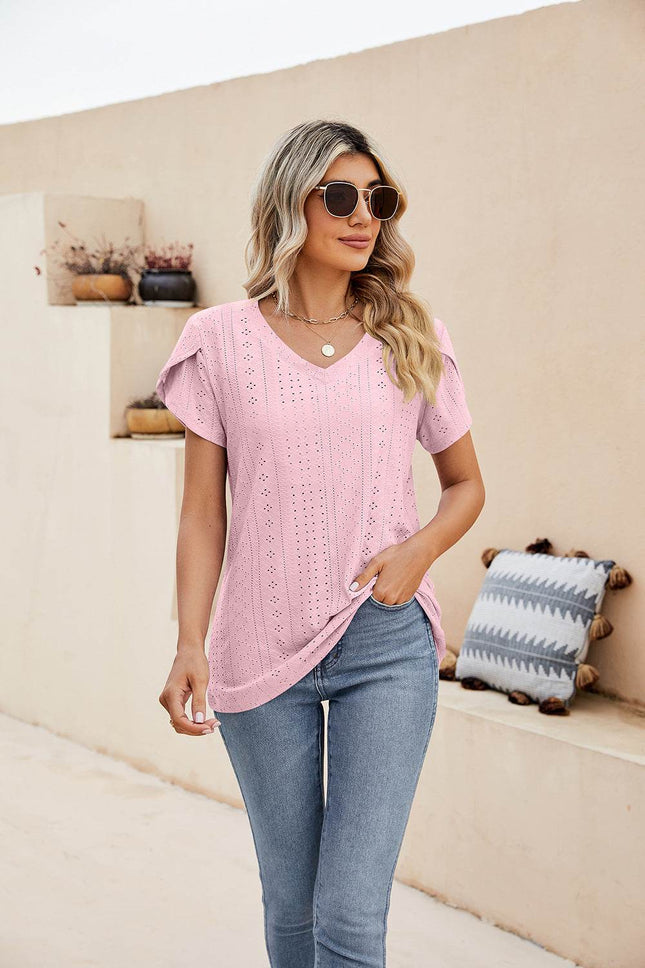 Eyelet Petal Sleeve V-Neck Knit Top - MimiStylez