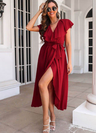 Ruffled Surplice Tie Waist Slit Midi Dress - MimiStylez
