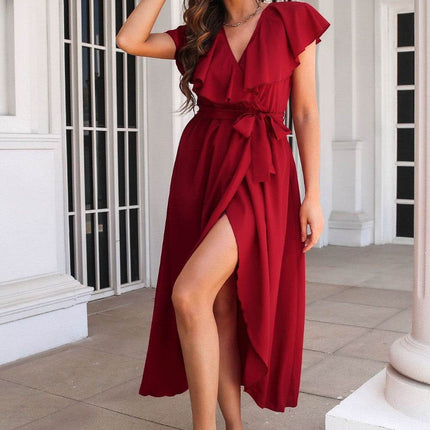 Ruffled Surplice Tie Waist Slit Midi Dress - MimiStylez