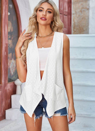 Eyelet Open Front Sleeveless Cardigan - MimiStylez