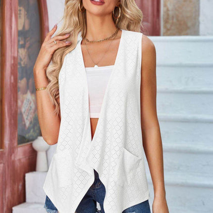 Eyelet Open Front Sleeveless Cardigan - MimiStylez