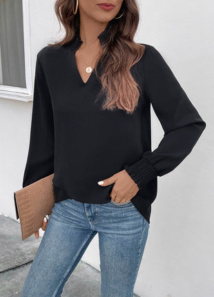 Smocked Notched Long Sleeve Blouse - MimiStylez