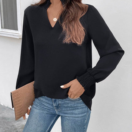 Smocked Notched Long Sleeve Blouse - MimiStylez