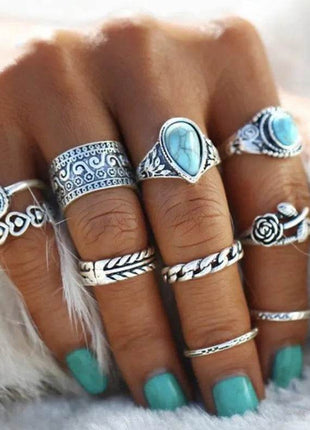 Artificial Turquoise Alloy Ring 10-Piece Set - MimiStylez