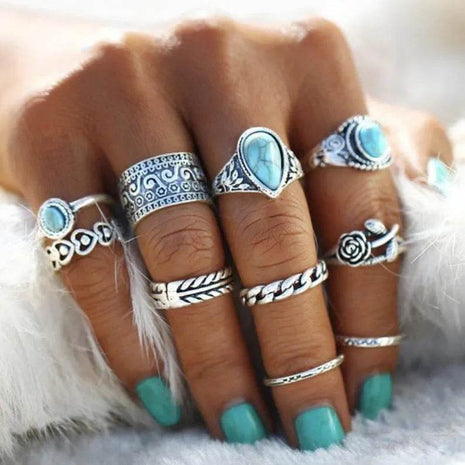 Artificial Turquoise Alloy Ring 10-Piece Set - MimiStylez