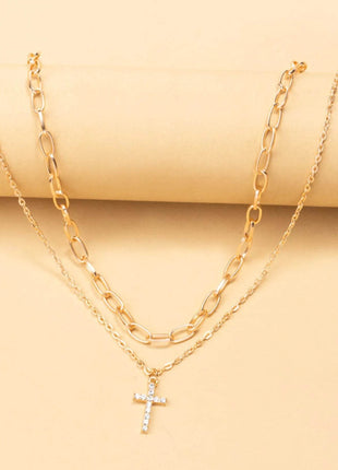 Double Layered Inlaid Zircon Cross Pendant Necklace - MimiStylez