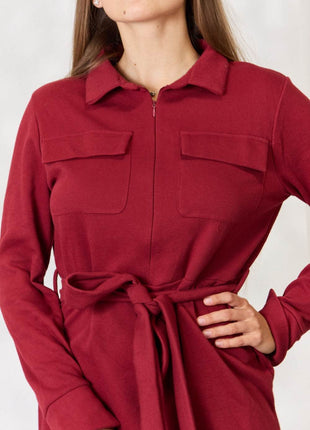 Culture Code Full Size Tie Front Half Zip Long Sleeve Shirt Dress - MimiStylez