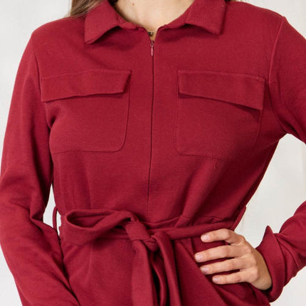 Culture Code Full Size Tie Front Half Zip Long Sleeve Shirt Dress - MimiStylez