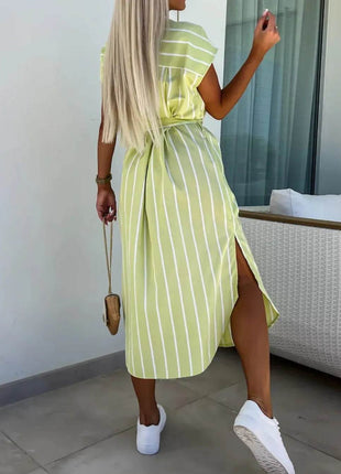 Striped Tie Waist Short Sleeve Dress - MimiStylez