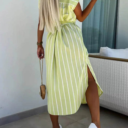 Striped Tie Waist Short Sleeve Dress - MimiStylez