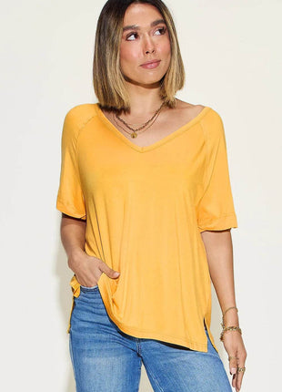 Basic Bae Full Size Bamboo Slit V-Neck Short Sleeve T-Shirt - MimiStylez