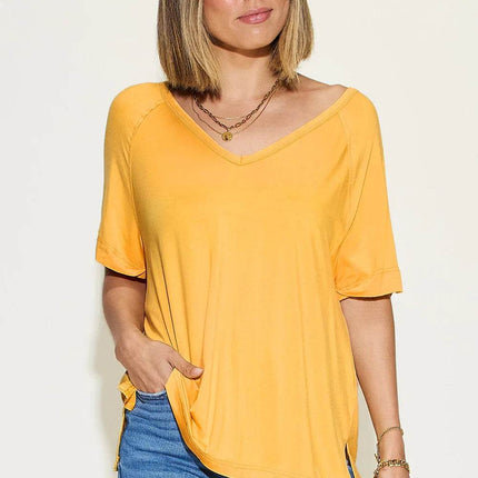 Basic Bae Full Size Bamboo Slit V-Neck Short Sleeve T-Shirt - MimiStylez