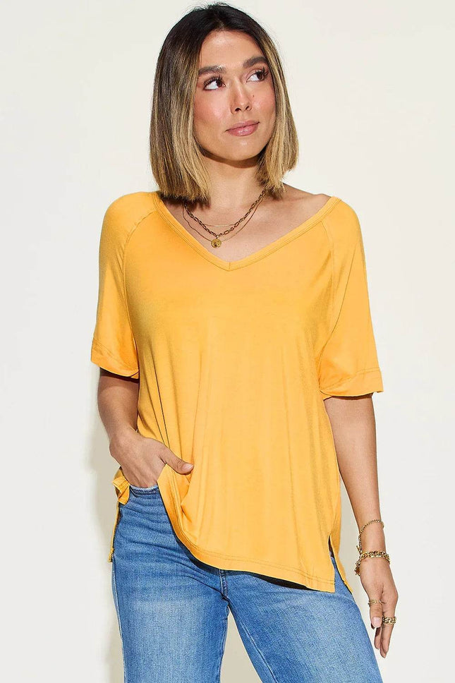Basic Bae Full Size Bamboo Slit V-Neck Short Sleeve T-Shirt - MimiStylez