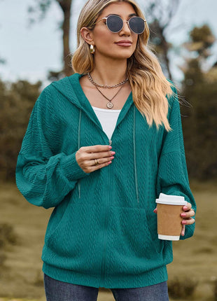 Drawstring Zip Up Dropped Shoulder Hoodie - MimiStylez