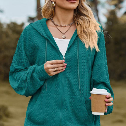 Drawstring Zip Up Dropped Shoulder Hoodie - MimiStylez