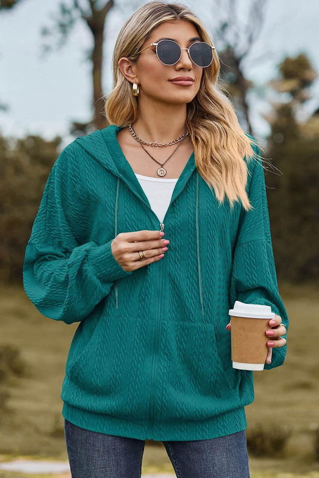Drawstring Zip Up Dropped Shoulder Hoodie - MimiStylez