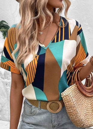 Printed V-Neck Short Sleeve Blouse - MimiStylez