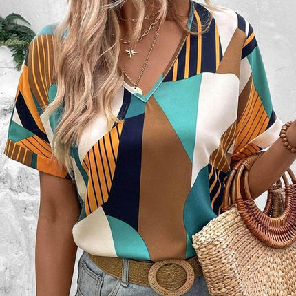 Printed V-Neck Short Sleeve Blouse - MimiStylez