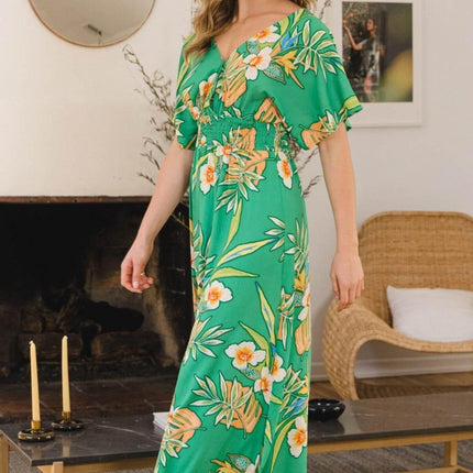 ODDI Full Size Floral Smocked Tied Back Maxi Dress - MimiStylez