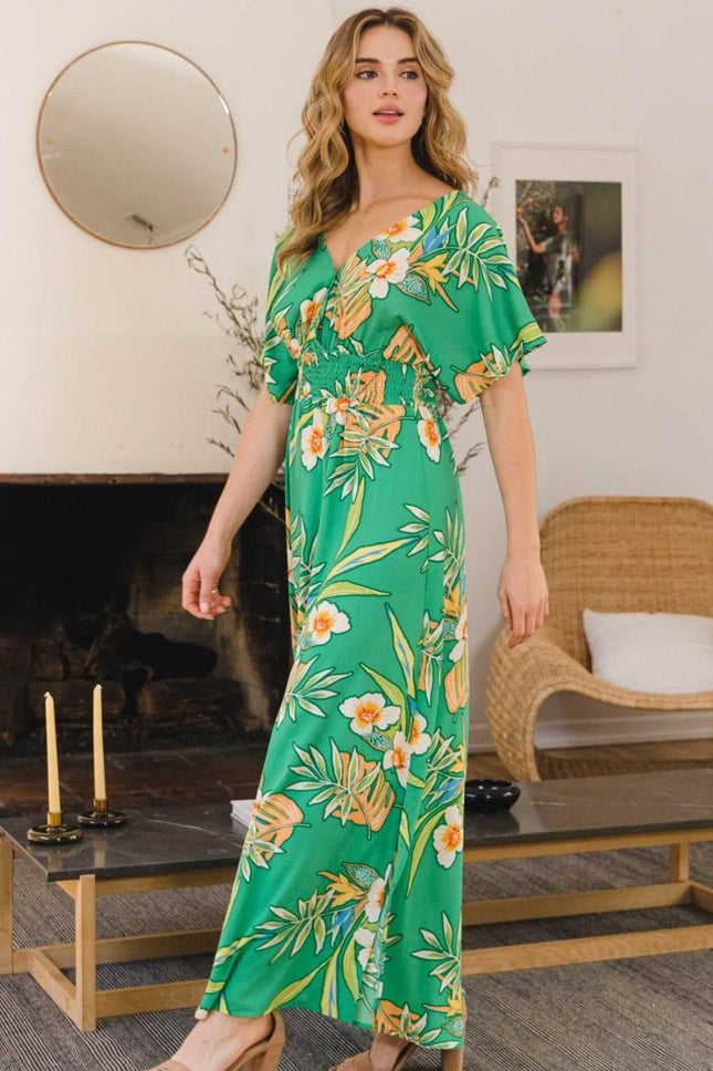 ODDI Full Size Floral Smocked Tied Back Maxi Dress - MimiStylez