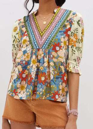 Multicolour Crochet V Neck Half Sleeve Boho Floral Blouse - MimiStylez