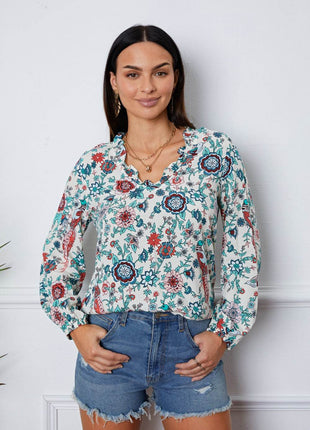 Floral Notched Long Sleeve Blouse - MimiStylez