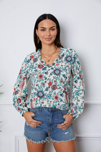 Floral Notched Long Sleeve Blouse - MimiStylez