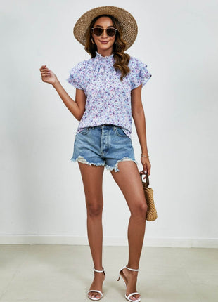 Ditsy Floral Mock Neck Flounce Sleeve Blouse - MimiStylez