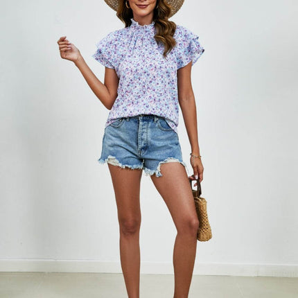 Ditsy Floral Mock Neck Flounce Sleeve Blouse - MimiStylez