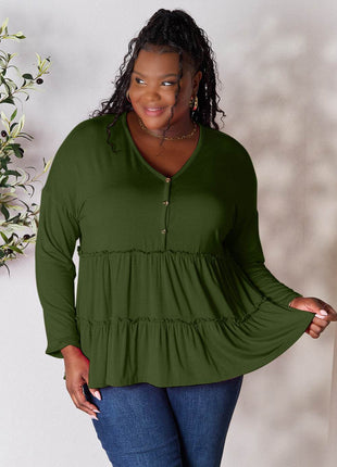 Double Take Half Button Long Sleeve Ruffle Hem Blouse - MimiStylez