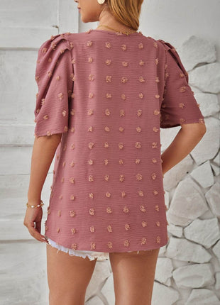 Swiss Dot Round Neck Short Sleeve Blouse - MimiStylez