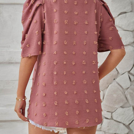 Swiss Dot Round Neck Short Sleeve Blouse - MimiStylez