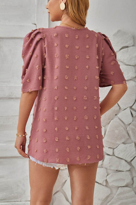 Swiss Dot Round Neck Short Sleeve Blouse - MimiStylez