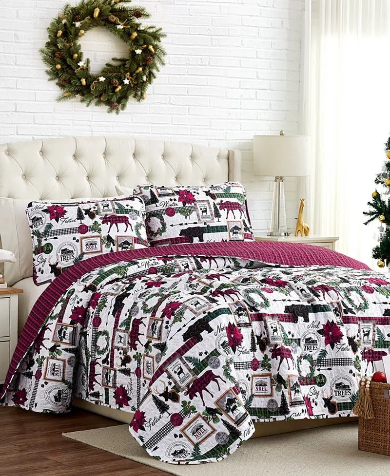 Merry Town Christmas Oversized Reversible 3 Piece Quilt Set, King or California King