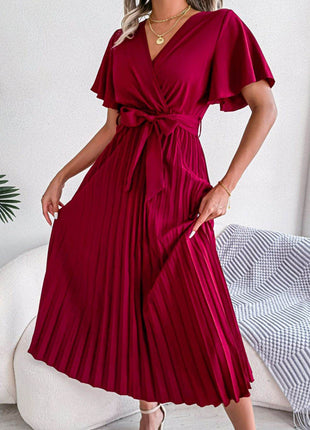 Pleated Flutter Sleeve Belted Dress - MimiStylez
