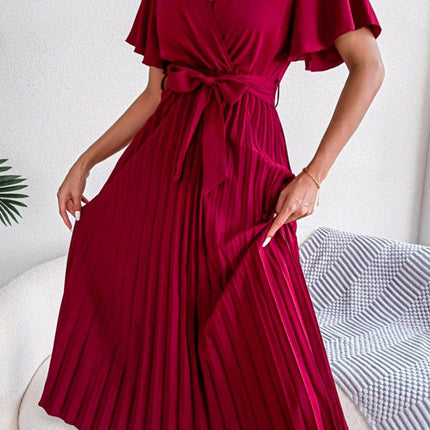Pleated Flutter Sleeve Belted Dress - MimiStylez