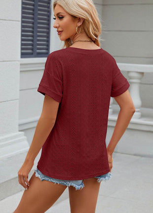 Eyelet V-Neck Short Sleeve T-Shirt - MimiStylez