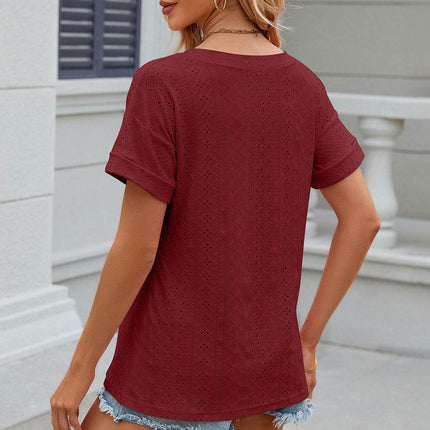 Eyelet V-Neck Short Sleeve T-Shirt - MimiStylez