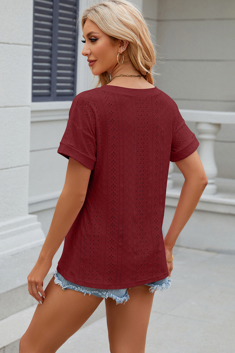 Eyelet V-Neck Short Sleeve T-Shirt