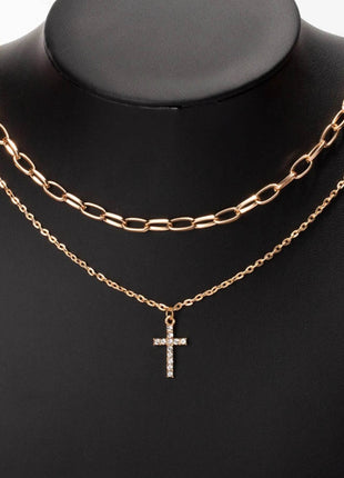 Double Layered Inlaid Zircon Cross Pendant Necklace - MimiStylez