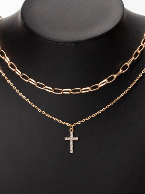 Double Layered Inlaid Zircon Cross Pendant Necklace - MimiStylez