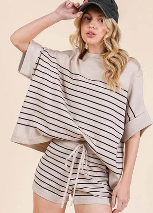 Lime 'N' Chili Striped Folded Half Sleeve Top and Shorts Set - MimiStylez