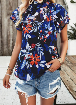Printed Ruffled Mock Neck Blouse - MimiStylez