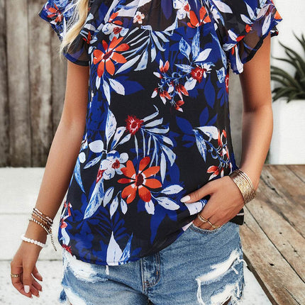 Printed Ruffled Mock Neck Blouse - MimiStylez