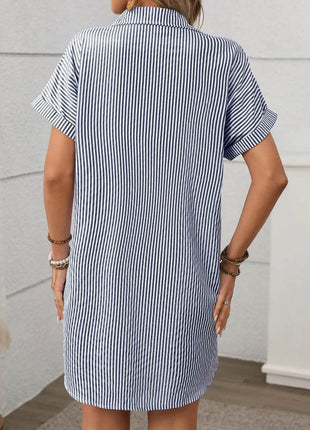 Striped Button Down Short Sleeve Mini Dress - MimiStylez