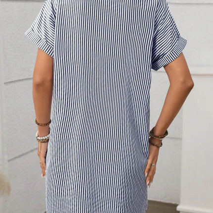 Striped Button Down Short Sleeve Mini Dress - MimiStylez