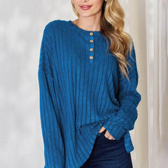 Basic Bae Full Size Ribbed Half Button Long Sleeve High-Low T-Shirt - MimiStylez