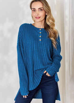 Basic Bae Full Size Ribbed Half Button Long Sleeve High-Low T-Shirt - MimiStylez