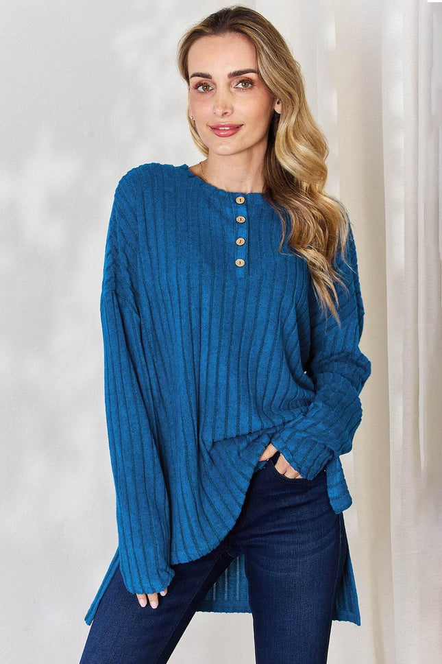 Basic Bae Full Size Ribbed Half Button Long Sleeve High-Low T-Shirt - MimiStylez