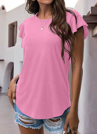 Ruffled Round Neck Cap Sleeve Blouse - MimiStylez